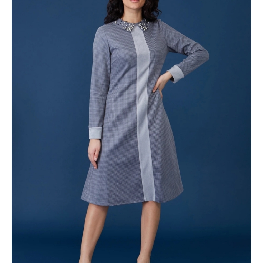 Classy Long Sleeve Midi Dress With Pearl Collar